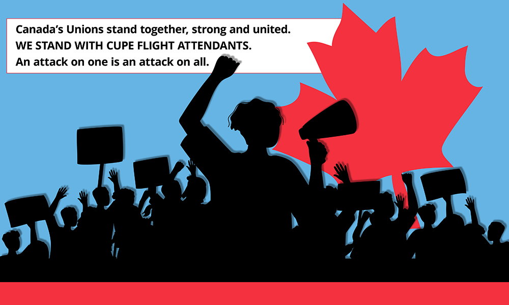 Silhouetted protesters hold megaphones and picket signs with a canadian flag in the background