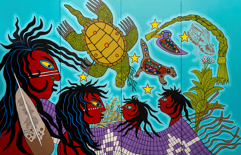 A painted mural depicts an Indigenous family, a turtle, a fisher, a loon, sweetgrass, sage, cedar, and tobacco, and a Yellowhead wampum belt.