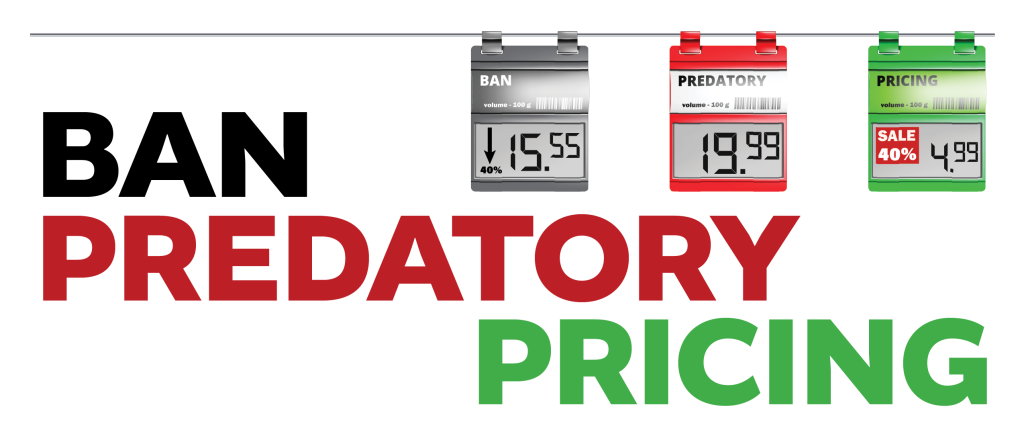 Electronic Shelf Labels display the words Ban Predatory Pricing