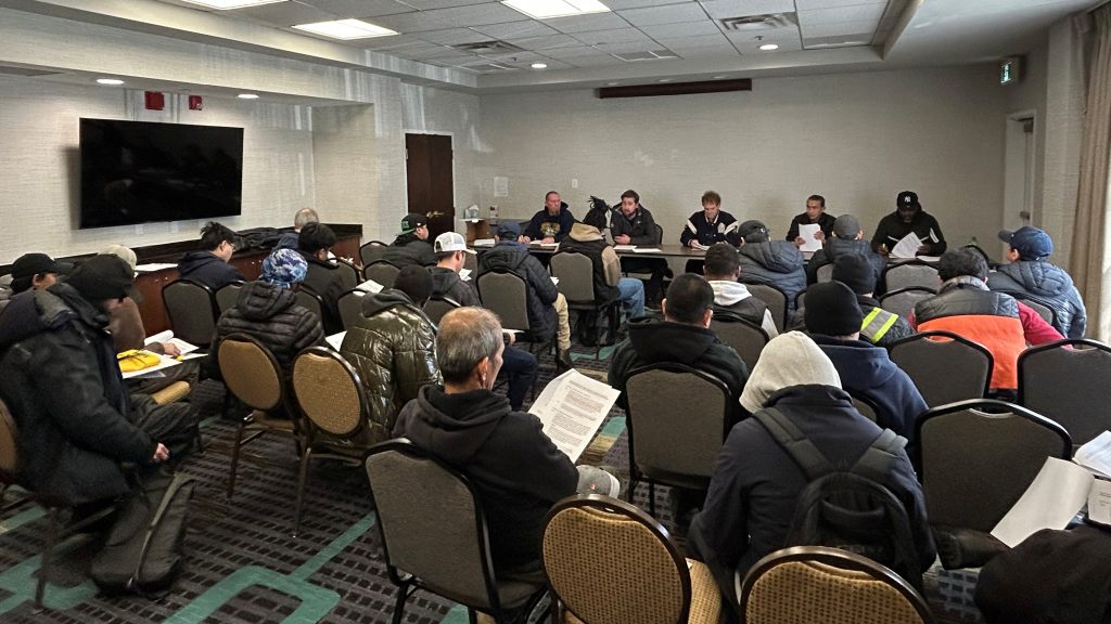 UFCW Locals 175 Saturn Logistics members congregate to ratify a new collective agreement.