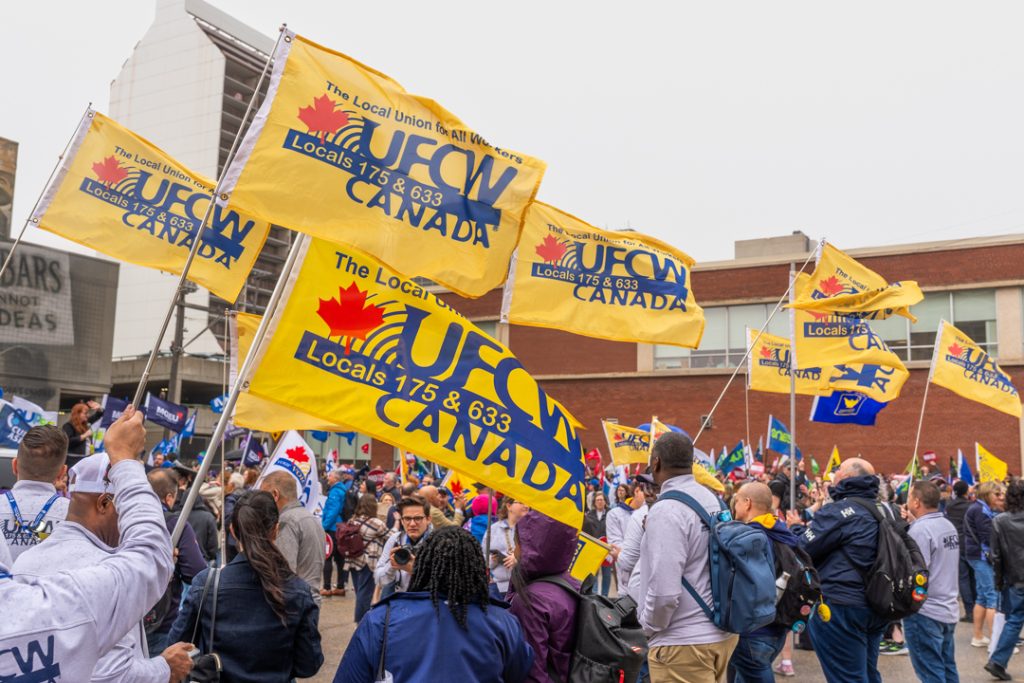 UFCW Flags held high during a rally in Winnipeg