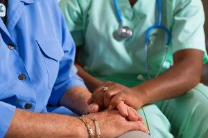 Stock image of a healthcare worker holding the hands of an elderly person - Carolina Retirement first contract
