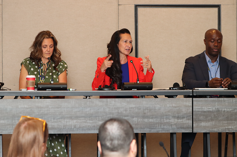 Debora De Angelis speaks during a panel discussion in the retail sector workshop during the NDF Convention